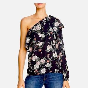 Aqua One Shoulder Long Floral Sleeve Ruffled Top Blouse Black / XS